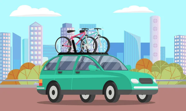 Offroad car with bicycle on roof vector isolated automobile transport. Car tourism concept —  Vetores de Stock