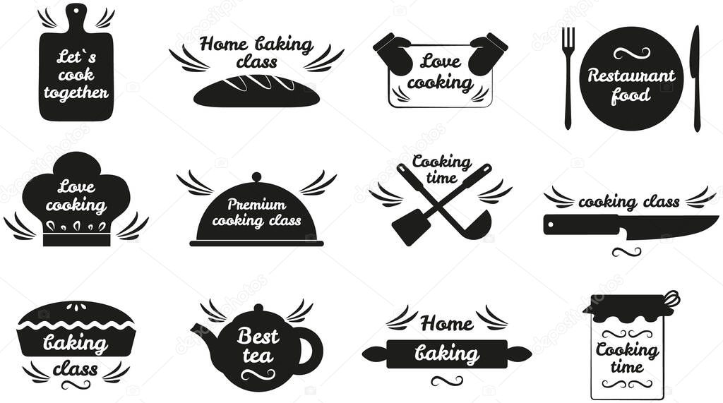 Set of hand writings about kitchen, food and cooking. Best time, home baking, restaurant food, fresh dish, cooking class, let s cook. Hand drawn letterings in simple style, ink or pen outlines