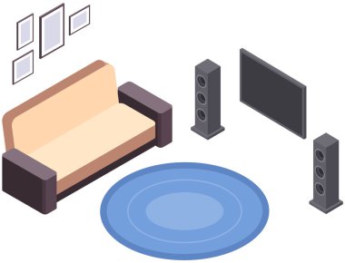 Oturma odası tasarımı. Daire vektörü Koltuk, TV 'deki mobilyaların içerisi ve düzenlenmesi