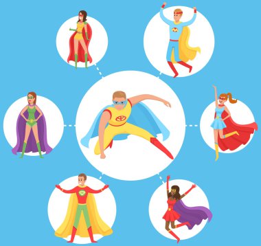 Güçlü süper erkek dünyayı kurtarmak için gülümser ve uçar. Pelerinli süper kahraman kostümü giymiş cesur bir karakter.