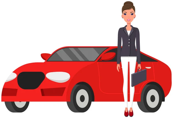 Femme d'affaires à côté des transports personnels. Femme en costume d'affaires, entrepreneur près de voiture chère — Image vectorielle