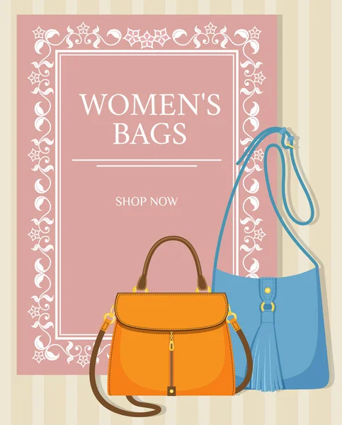 Sale poster with womens bag, shop now. Discount, special offers promotion, shopping advertisement — Stockvektor