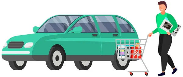 Homme avec des achats dans le chariot de supermarché se tient près de la voiture dans le stationnement, acheteur avec des marchandises — Image vectorielle