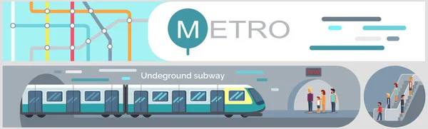 Diagrama infográfico plano de transporte público. Cartaz do metrô com trens subterrâneos e terrestres —  Vetores de Stock