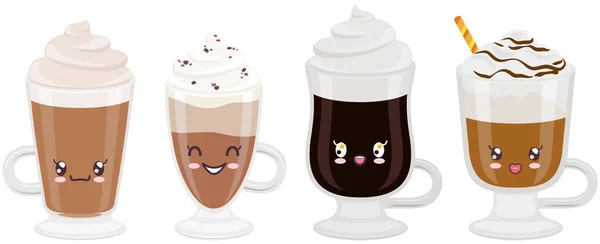 Taças bonitos de café conjunto adesivo ícone kawaii. Bebidas quentes adoráveis com diferentes expressões faciais — Vetor de Stock