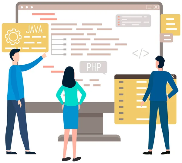 Programmiertechnik und Programmierung. Eine Reihe von Programmierern, die an der Webentwicklung auf Computern arbeiten — Stockvektor