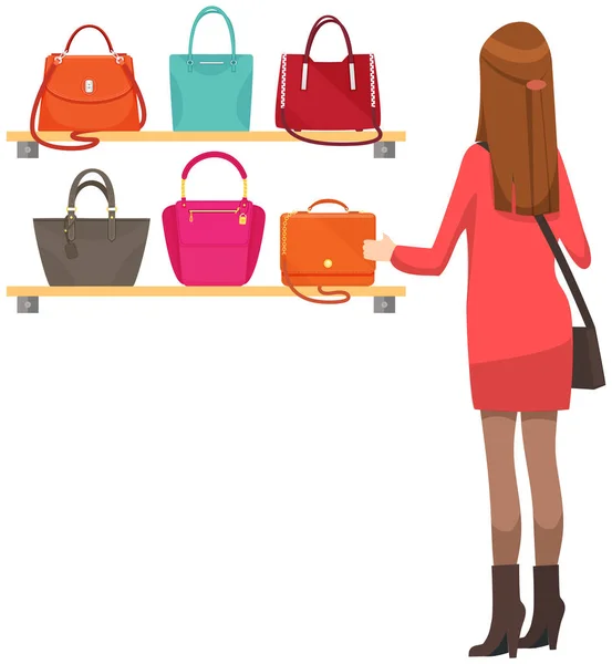 Jeune femme regardant sacs assortiment debout sur les étagères au magasin d'accessoires. Fille choisir sac à main — Image vectorielle