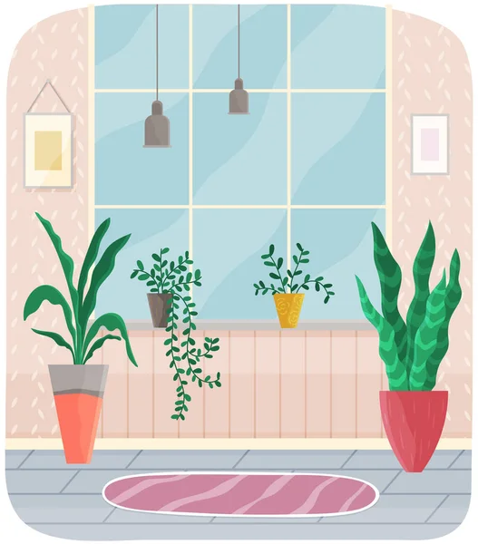 Kamer met roze behang, groot raam en groene kamerplanten. Planten ast interieur ontwerp — Stockvector