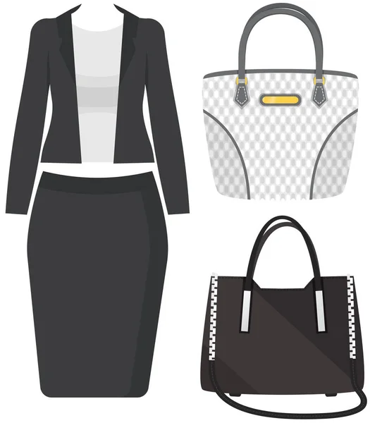 Conjunto de ropa de mujer de moda. Traje de chaqueta de mujer, blusa, falda y accesorios bolsos — Vector de stock