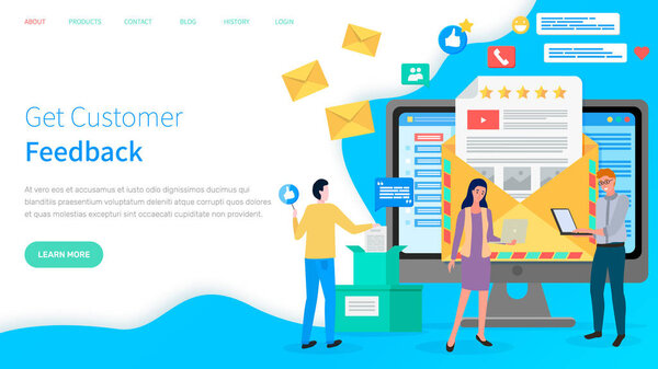 Получить отзывы клиентов веб-сайт бизнес-концепции. Шаблон страницы посадки с конвертом для ответа