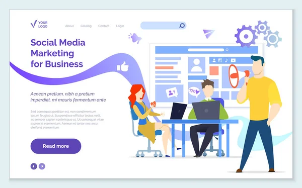 Marketing de mídia social para o conceito de site de negócios. As pessoas trabalham com publicidade de perfil de cliente — Vetor de Stock
