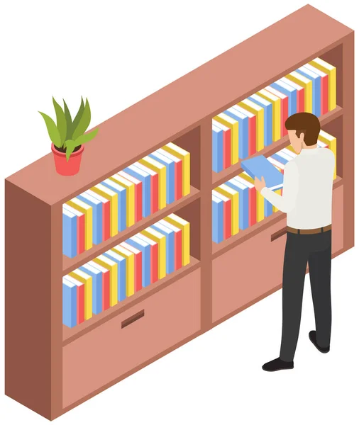Estudante tomando livro na estante de ícones da biblioteca. Homem na livraria de pé perto da estante com livros —  Vetores de Stock