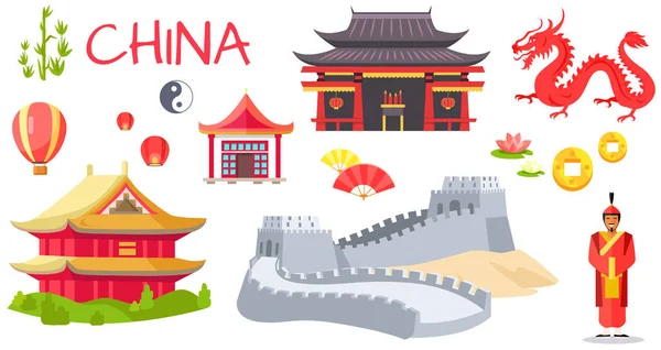 Travel China infographic with man wearing kimono, fans, chinese lanterns, dragon, cash, architecture — Stock Vector