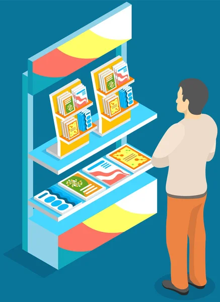 Man looks at stand with books, magazines, catalogs. Advertising, promotion, distribution concept — Stock Vector