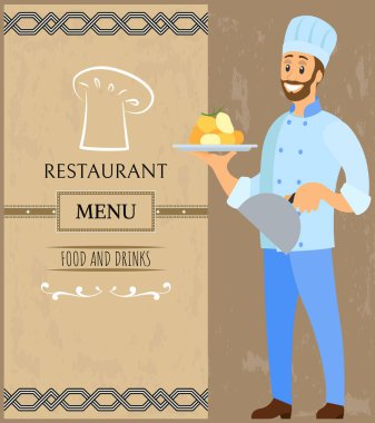 Adam tabağı hazır yemek ve kapakla tutuyor. Kitchener şeften yemek, kafede yemek servis eder.