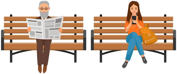 Uomo anziano e giovane signora seduti su panchine, leggendo giornali o chattando con smartphone — Vettoriale Stock