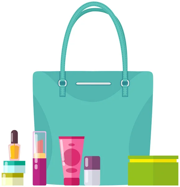 Creme, perfume, cosméticos e pomade. Conteúdo da bolsa feminina, acessórios para maquiagem e cuidados —  Vetores de Stock