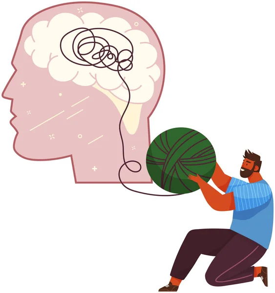 人間の頭の中で問題に対処し、脳の活動を維持するために糸の人間のアンタングルボール — ストックベクタ