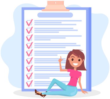 Liste yapmak ve planlamak için yanında oturan dehşete düşmüş kadın. Plan tamamlandı, görev tamamlandı, zaman çizelgesi tamamlandı