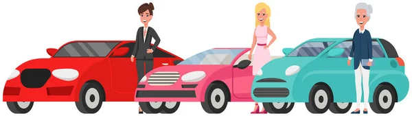 Mujeres de diferentes generaciones junto a su transporte personal. Señoras de pie cerca de automóviles — Vector de stock