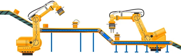 Linha de produção robótica automatizada, transportadora. Equipe técnica trabalha com tecnologias na fábrica — Vetor de Stock