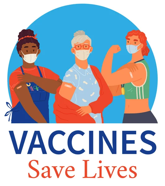 Stop het coronavirus agitatie concept. Vaccinatie promo, immunisatie van werknemers. Vaccin redt levens — Stockvector