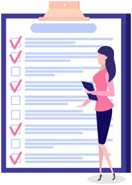 Kadın listeye ve planlama programına yakın duruyor. Plan tamamlandı, görev tamamlandı, zaman çizelgesi