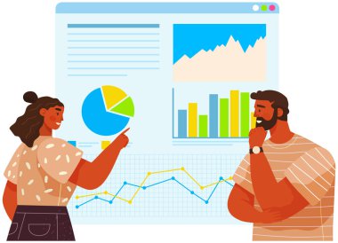 İş kadını meslektaşına sunum yapar. İstatistikleri tartışan ofis çalışanı karakterleri