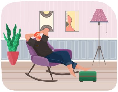 Dairedeki kanepede yatan adam. Mutlu genç adam rahatlıyor, rüya görüyor. Kanepede dinlen, evde dinlen.