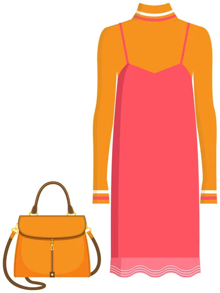 Vrouwen mode kleur set met jurk en handtas geïsoleerde illustratie elementen van vrouwen garderobe — Stockvector