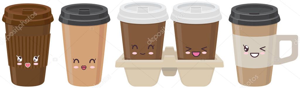 Cute cups of coffee set sticker kawaii icon. Adorable hot drinks with different facial expressions