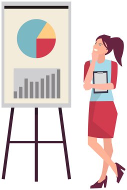 Verileri, istatistiksel araştırma sonuçlarını, iş geliştirme planını sunum panosunun yanındaki kadın