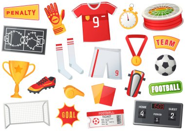 Futbol sembolleri seti, spor futbol vektör pankartı. Üniforma ve ödüller izole edilmiş, takım şampiyonluğu