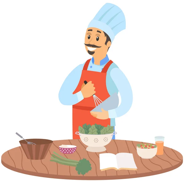 Uomo in grembiule preparare piatto vicino al cibo, prodotti icone. Chef lavora con attrezzature da cucina per cucinare — Vettoriale Stock