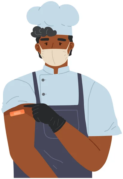 Male character cook using face mask for covid 19 during pandemic vector isolated illustration — Stock Vector