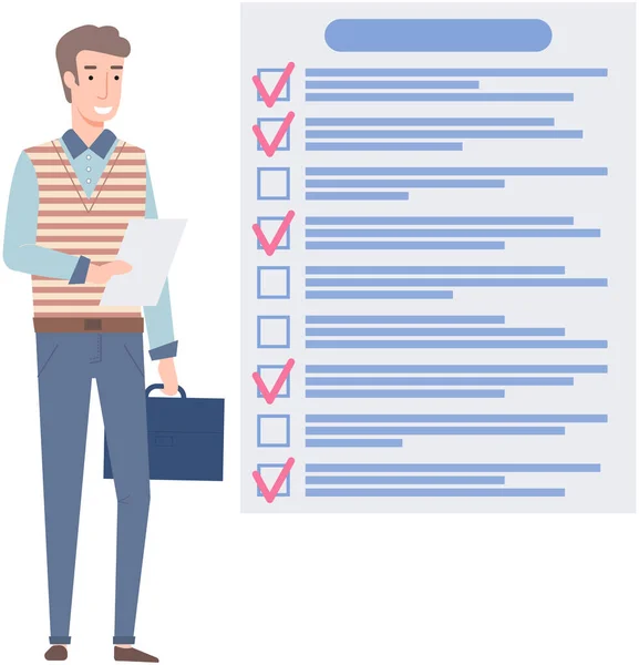 Agendamento de mês, para fazer lista, gerenciamento de tempo. Empresário fica perto de checklist e planejamento —  Vetores de Stock