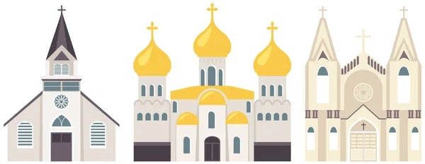 Különböző vallású templomépületek. Régi katolikus templom. Rajzfilm klasszikus katedrális illusztráció — Stock Vector