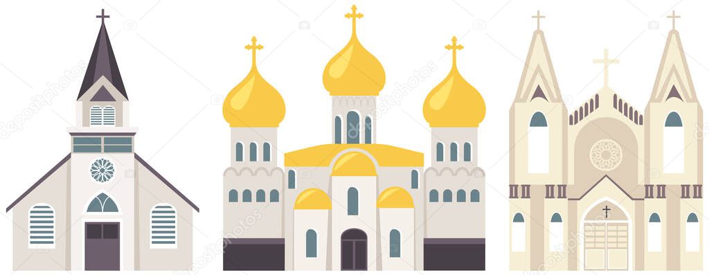 Temple buildings of various religions. Old Catholic Church. Cartoon classic cathedral illustration