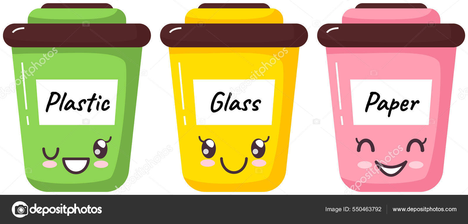 Garbage sorting containers in cute kawaii style. Different recycle bins  with positive emotions Stock Vector by ©robuart 550463792