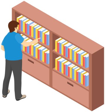 Kütüphane ikonu kitaplığında kitap alan bir öğrenci. Kitapçıda elinde kitaplarla duran adam.