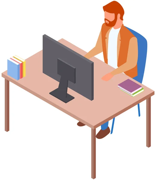 Escritório. Homem de negócios trabalhando com laptop e documentos na mesa ilustração isolada —  Vetores de Stock