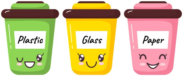 Contenedores de clasificación de basura en estilo kawaii lindo. Diferentes contenedores de reciclaje con emociones positivas — Archivo Imágenes Vectoriales