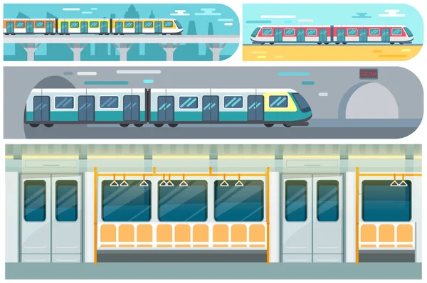 Trasporto in partenza dal tunnel per la metropolitana. Treno per il trasporto di passeggeri sulla banchina della stazione della metropolitana — Vettoriale Stock