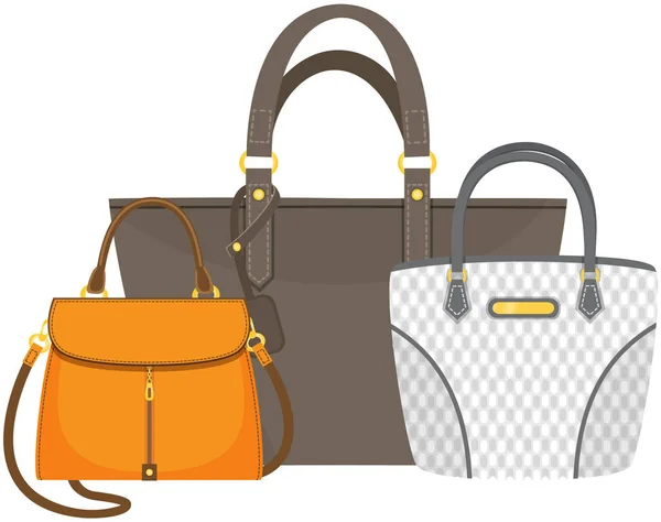 Set von Frauen Tasche Vektor Poster auf bunten Hintergründen, stilvolle Handtasche, weibliche Accessoires — Stockvektor