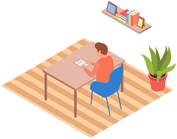 Joven leyendo un libro sentado en la mesa. Concepto salón con escritorio, estudiante o hombre de negocios — Vector de stock