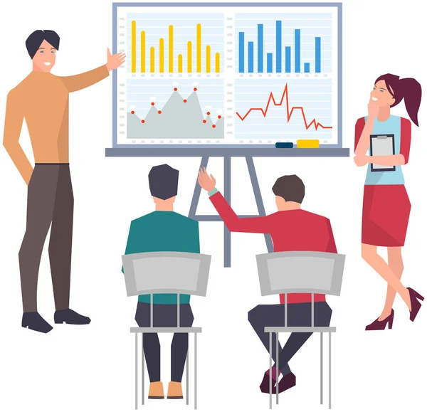 Pebisnis memberikan kuliah karyawan atau presentasi statistik di ruang dewan, ruang konferensi Grafik Vektor