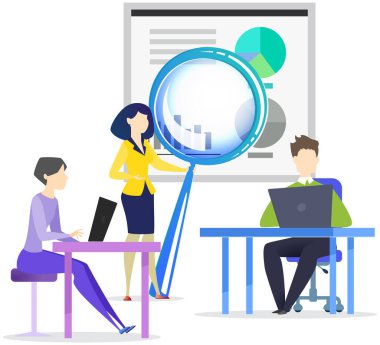 Bilgisayarlarla çalışan, istatistiksel verileri büyütmek için büyüteç kullanan bir grup yönetici, rapor