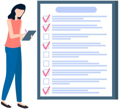 Kadın listeye ve planlama programına yakın duruyor. Plan tamamlandı, görev tamamlandı, zaman çizelgesi