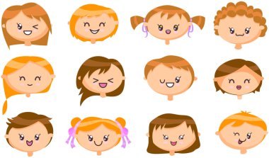 Çizgi filmdeki çocukların kafası. Sevimli kız ve erkek mutlu duygular ve gülümseyen yüz kawaii konsepti.