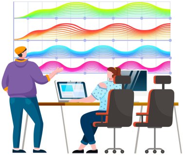 Ofiste iletişim kuran iş adamları istatistikleri tartışıyor, farklı grafik ve grafikleri analiz ediyorlar.